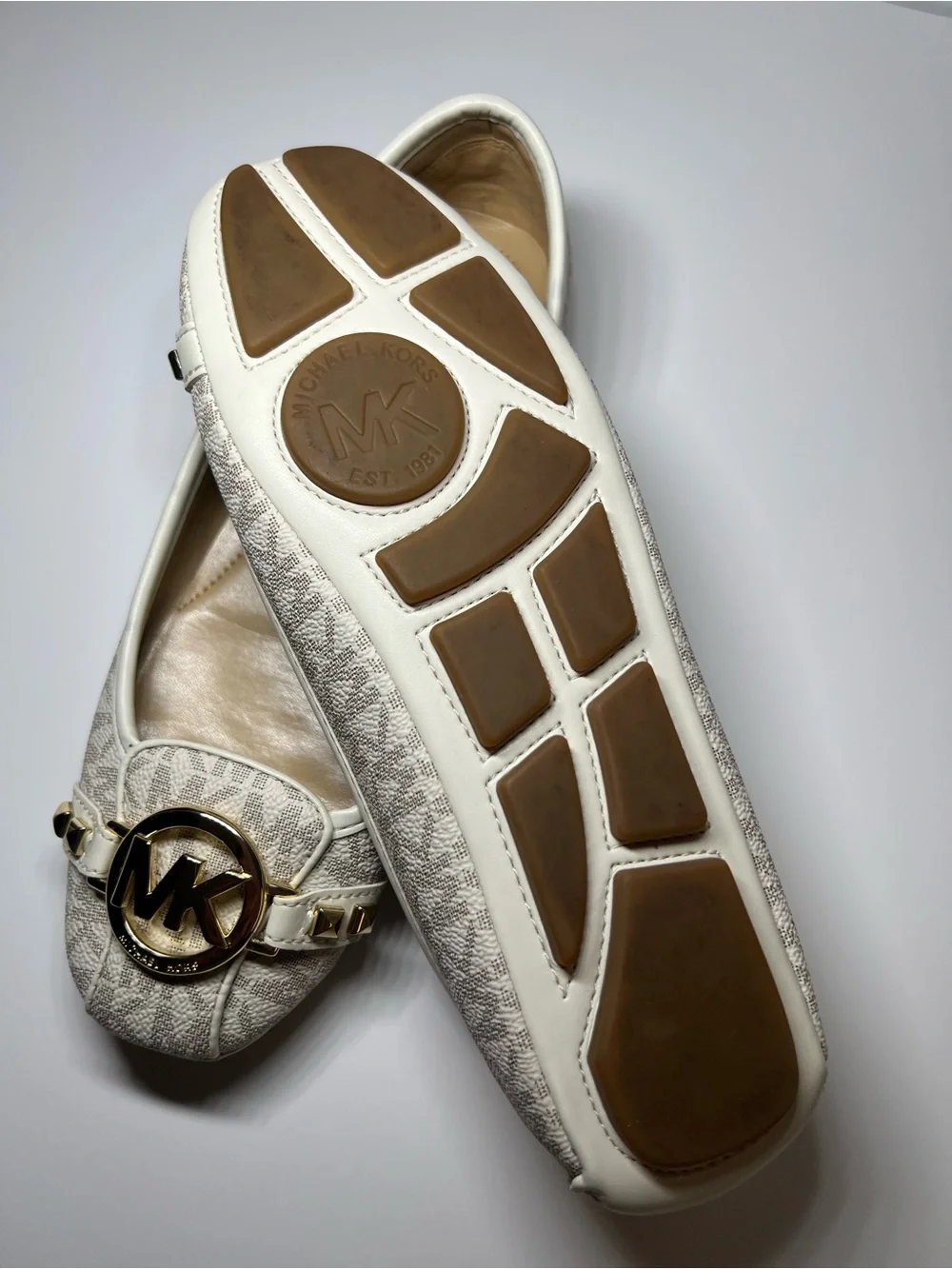 Michael Kors White Lace-Texture Ballet Flats with Gold MK Medallions